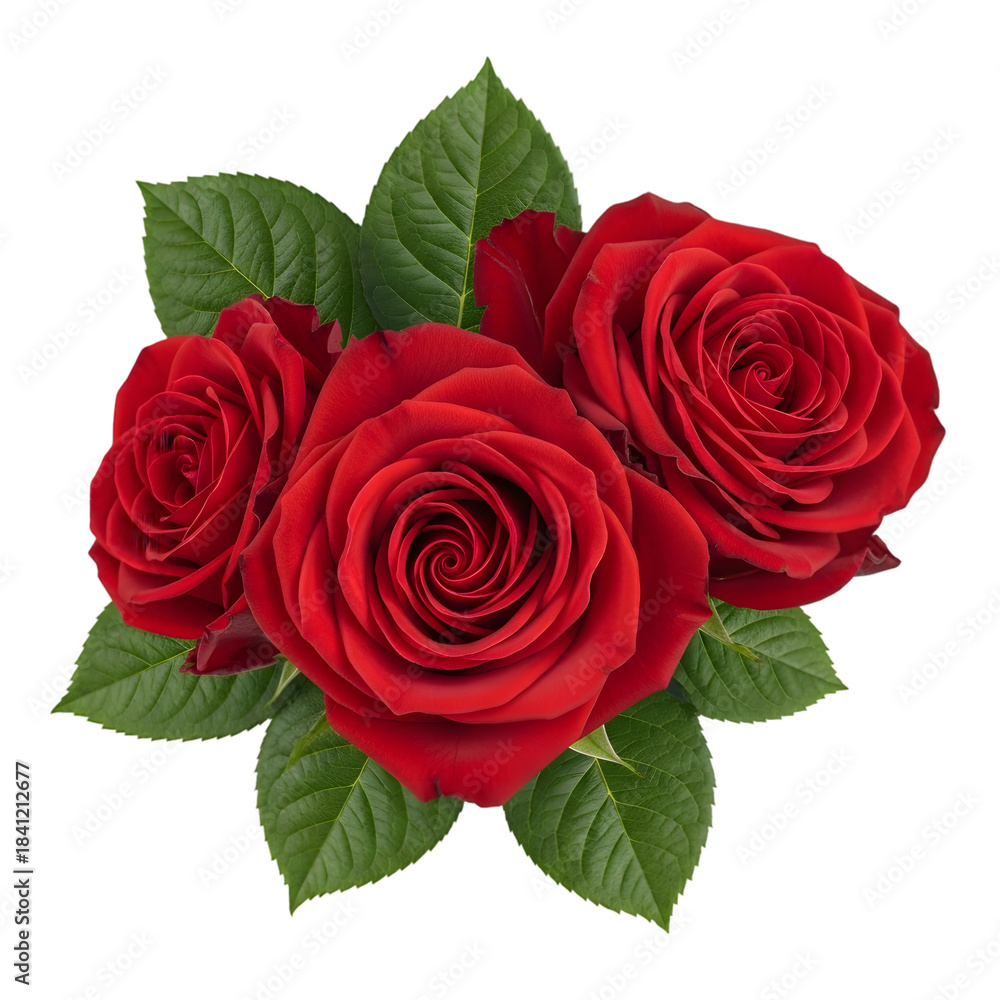 Naklejka premium Three red roses with green leaves isolated on transparent background