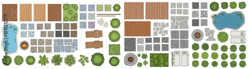 Vector Top View Landscape Garden Design Set Featuring Decking, Paving, and Fire Pit for Site Plans