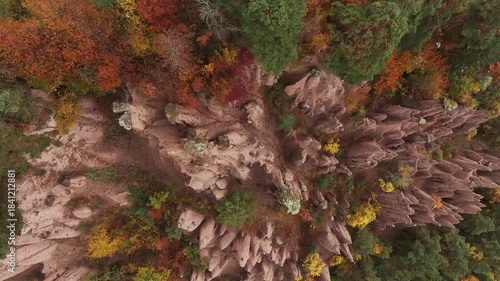 Top wiev of Earth pyramids of Platten at daytime, aerial view, at autumn season time