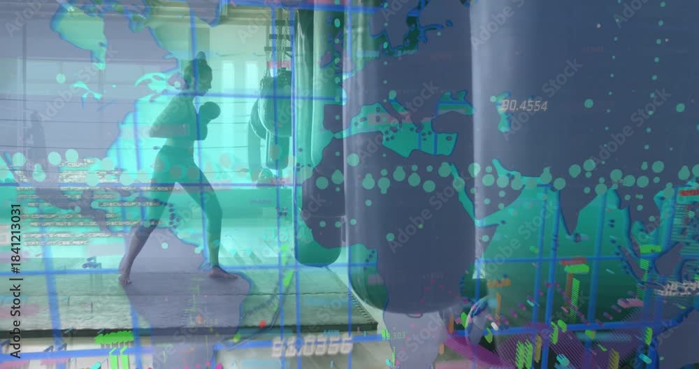 Female boxer throwing jab that triggers animated teal map and charts ...