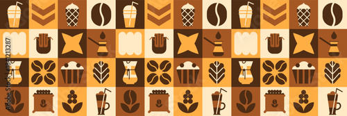 Geometric coffee and bakery mosaic with abstract  drip maker and cake pattern.