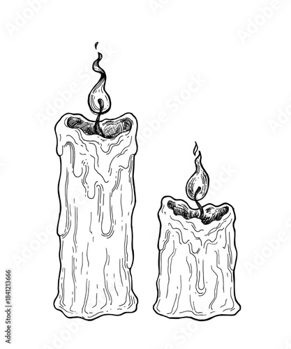 Set of melted candles, hand drawn vector illustration in engraving style. Graphic sketch vintage candle with burning flame and melted wax. Retro pen and ink, black outline, engraved vector drawing