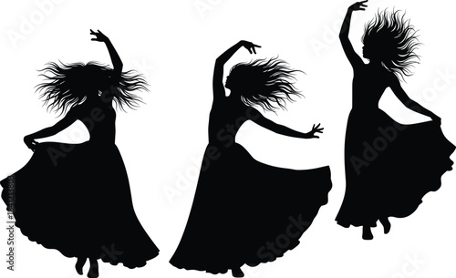 Set of Three Female Dancer Silhouettes with Flowing Hair Vector Illustration