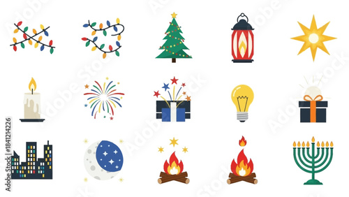 Collection of holiday and celebration icons and symbols.