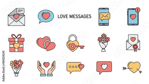 Collection of Love Messages Icons for Valentines Day and Romantic Communication.