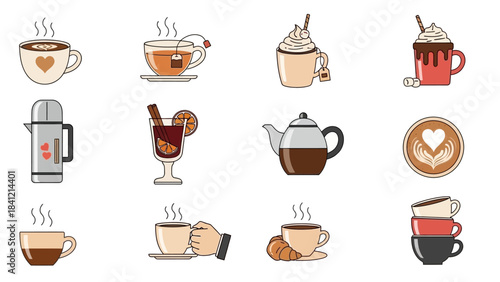 Collection of various hot beverages and coffee accessories in a flat design style.