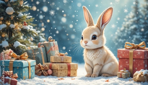 Cute bunny surrounded by wrapped gifts in a snowy, fairy-tale setting.
