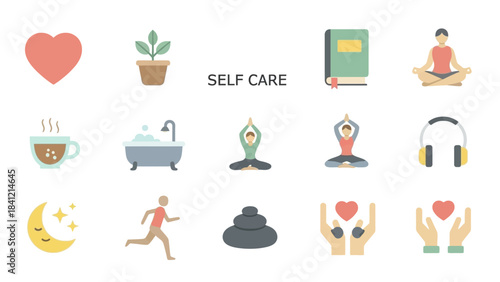 Self Care Icons Representing Health and Wellness Activities.