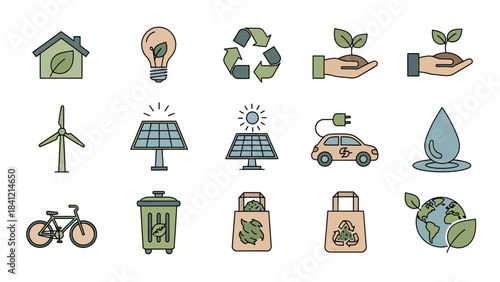 Set of Eco-Friendly Icons Representing Sustainable Living and Environmental Conservation.