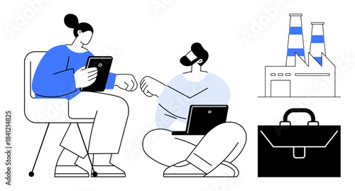 Business collaboration, communication, industry, teamwork, productivity, technology. Two people interacting with devices, factory and briefcase. Business collaboration and communication concept