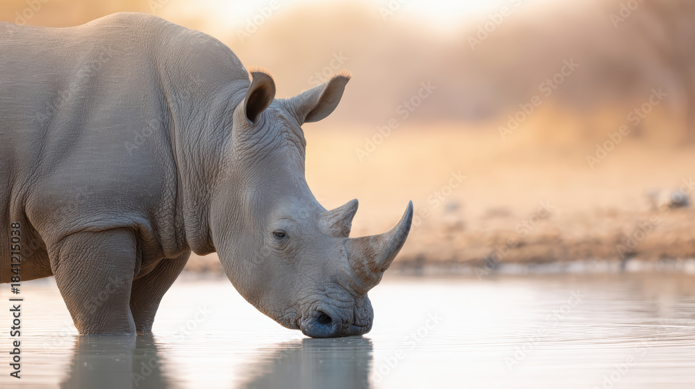 Fototapeta premium White rhinoceros drinking water at calm watering hole in warm golden light