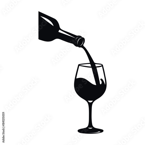 Silhouette of a dark glass bottle pouring red wine into a clear wine glass on a white background