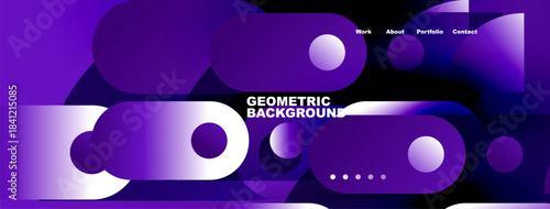 Abstract geometric background. Purple, white shapes overlap creating dynamic visual effect. Navigation menu present at top.