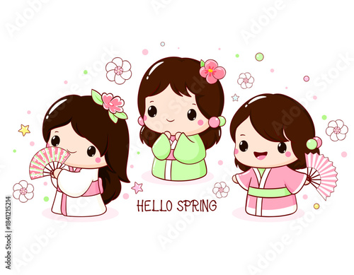 Spring greeting card with cute little girls with fans in kawaii style. Hanami season collection of Japanese traditional toy kokeshi doll in kimono. Vector illustration EPS8 