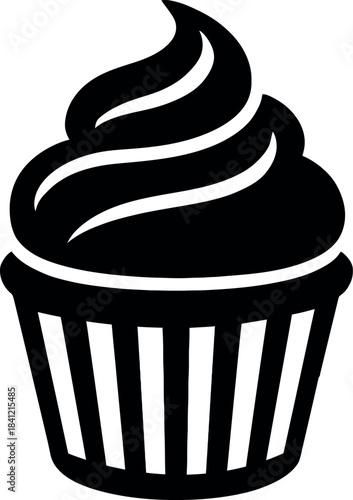 Simple black and white silhouette icon of a frosted cupcake with striped wrapper representing dessert and sweet treats
