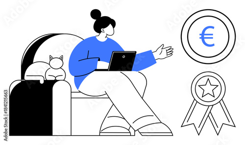 Remote work, financial rewards, economic stability, productivity, investment, personal finance. Woman on couch with laptop, Euro coin award ribbon. Financial rewards and economic stability concept