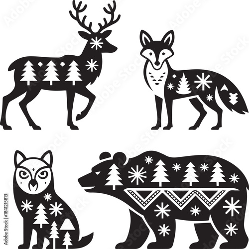 Scandinavian Folk Art Winter Animals Set (Deer, Fox, Owl, Bear) Black Silhouette.