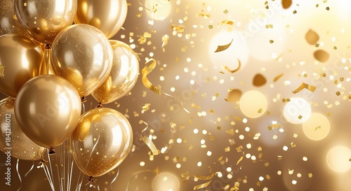 Festive gold balloons, confetti, sparkles, bokeh background. Elegant, celebratory. Banner, Backdrop for Birthday, Happy New Year party.
