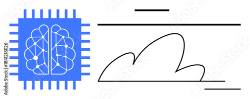 Artificial intelligence, cloud computing, neural networks, data processing, innovation, technology integration. A neural network symbol next to a cloud. Artificial intelligence and cloud computing