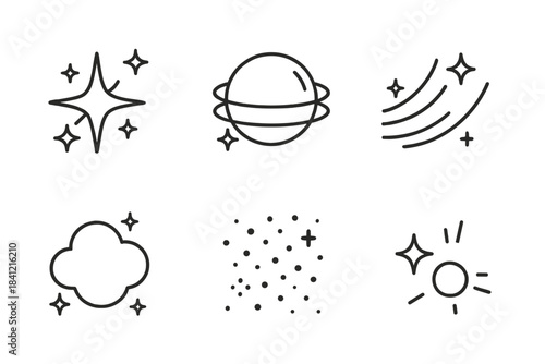 Soft Luminescence Icons. Line style icons of Soft Luminescence: gentle sparkle, glowing haze, curved shimmer, radiant blur, airy