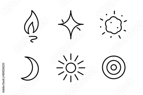 Luminescent Icons. Line style icons of Quiet Luminosity: fading flame, drifting shine, glowing mist, curved shadow, radiant drift,