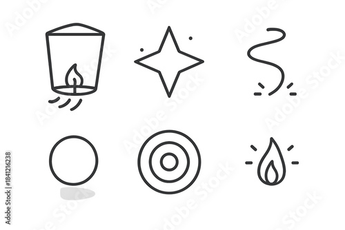 Line Style Luminosity. Line style icons of Lost & Glowing: drifting lantern, fading star, glowing path, soft shadow, radiant echo,
