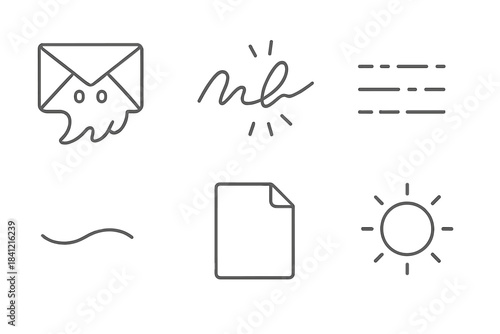 Ghostly Letter Icons. Line style icons of Ghost Letters: floating envelope, glowing signature, invisible text, faded curve, hollow