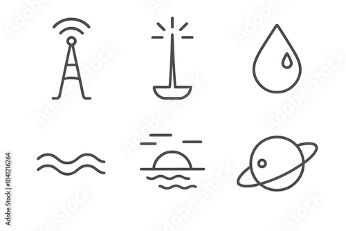 Orbital Melancholy Icons. Line style icons of Orbital Melancholy: pale antenna, glowing beam, drifting tear, soft current, fading