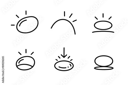 Luminous Line Icons. Line style icons of Bright Weight: luminous pebble, curved shine, floating light mass, bending reflection,