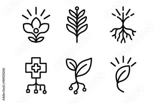 Electric Garden Icons. Line style icons of Electric Garden: luminous petal, radiant fern, glowing root, pixel blossom, curved data