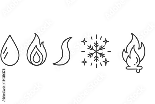 Glacial Ember Icons. Line style icons of Glacial Ember: frozen droplet, glowing edge, curved flare, icy shimmer, radiant frost,