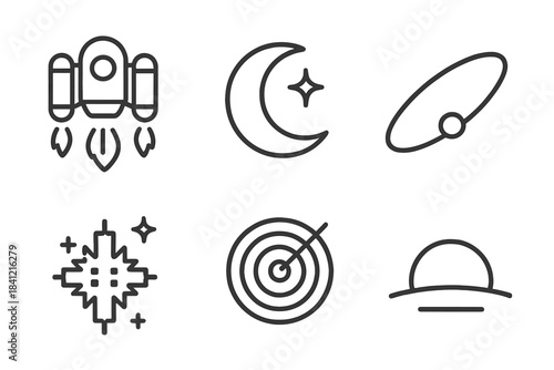 Space Age Icons. Line style icons of Space Age Dreams: luminous jetpack, chrome moon, curved orbit, glowing radar, pixel starburst