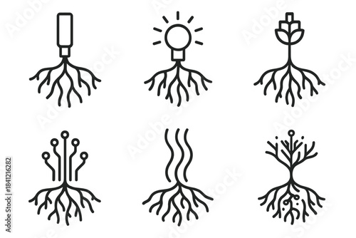 Hybrid Roots Icons. Line style icons of Hybrid Roots: chrome stem, glowing node, pixel bud, radiant pattern, circuit root, flowing