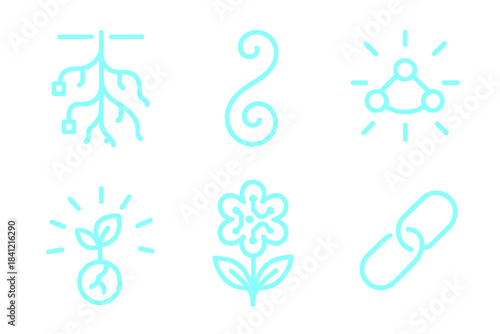 Synthetic Biology Icons. Line style icons of Synthetic Biology: luminous grid root, curved tendril, glowing connection, radiant