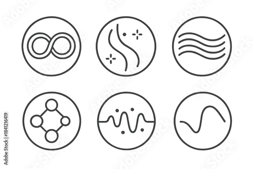 Harmonic Circuit Vectors. Line style vector icons of Harmonic Circuits: sound loops, glowing paths, rhythmic flow, balanced nodes,