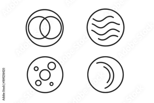 Faint Resonance Icons. Line style vector icons of Faint Resonance: overlapping circles, fading waves, pulsing orbs, curved motion,