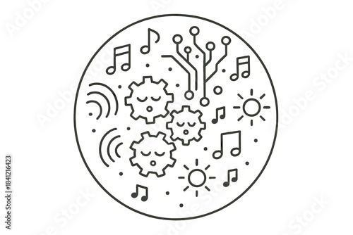 Lullabies for Machines. Line style vector icons of Lullabies for Machines: sleeping gears, glowing circuits, curved sound waves,