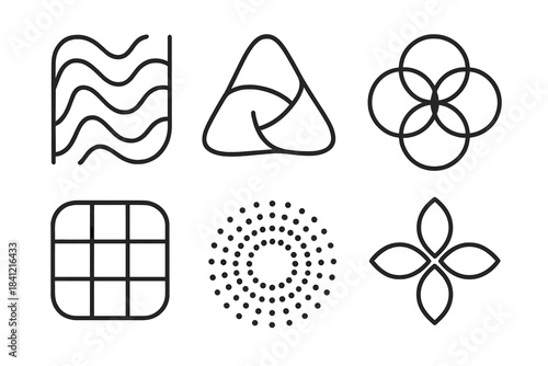 Organic Geometry Icons. Line style vector icons of Organic Geometry: flowing shapes, curved triangles, balanced circles, soft