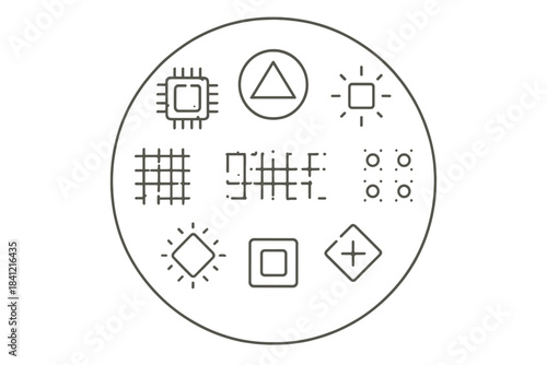 Digital Relics Icons. Line style vector icons of Digital Relics: ancient chips, geometric symbols, glowing squares, eroded grids,