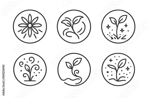 Electric Flora Icons. Line style vector icons of Electric Flora: radiant petals, curved motion, glowing stems, vapor dust, smooth