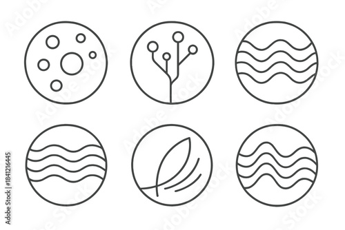 Algorithmic Spirits Vectors. Line style vector icons of Algorithmic Spirits: floating orbs, curved circuits, glowing nodes,