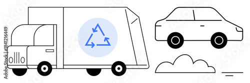 Recycling concept. Garbage truck with recycling symbol promotes eco-friendly waste management. Recycling aligns with sustainability goals for cars, trucks, and environmental efforts. Great