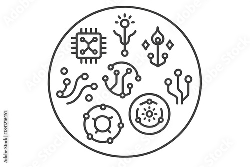 Mythical Circuit Icons. Line style vector icons of Mythical Circuits: glowing nodes, sacred chips, curved lines, radiant rings,