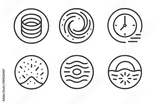 Circular Time Layers. Line style vector icons of Time Sediment: circular layers, glowing flow, slow motion, radiant dust, soft