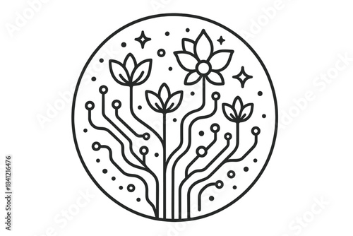 Circuit Bloom Icons. Line style vector icons of Code in Bloom: circuit flowers, glowing petals, curved stems, radiant nodes,