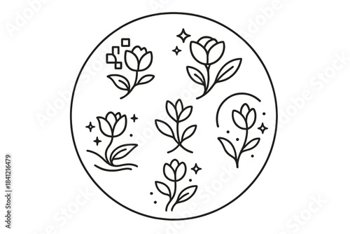 Synthetic Bloom Icons. Line style vector icons of Synthetic Bloom: pixel petals, flowing stems, curved light, glowing dust,