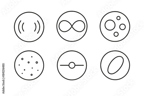 Reflective Force Icons. Line style vector icons of Reflective Force: curved lines, radiant loops, thought orbs, glowing dust,