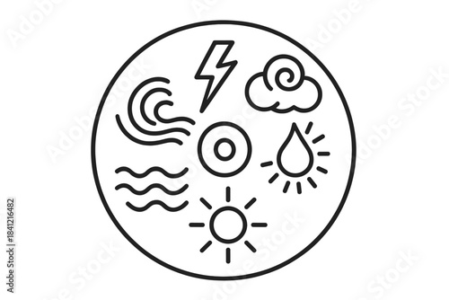 Language of Storms. Line style vector icons of Language of Storms: curved lightning, glowing waves, circular clouds, radiant drops
