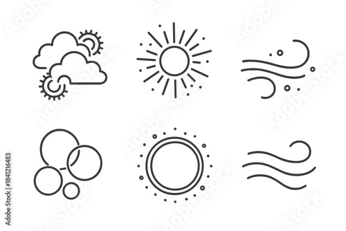 Aerial Systems Iconic Vectors. Line style vector icons of Aerial Systems: cloud wheels, radiant dust, curved motion, light orbs,