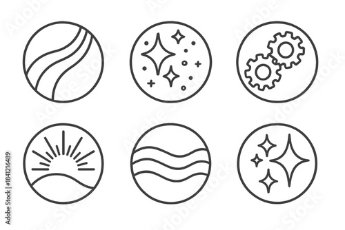 Whispering Metal Icons. Line style vector icons of Whispering Metal: curved wires, glowing dust, soft gears, radiant lines, smooth